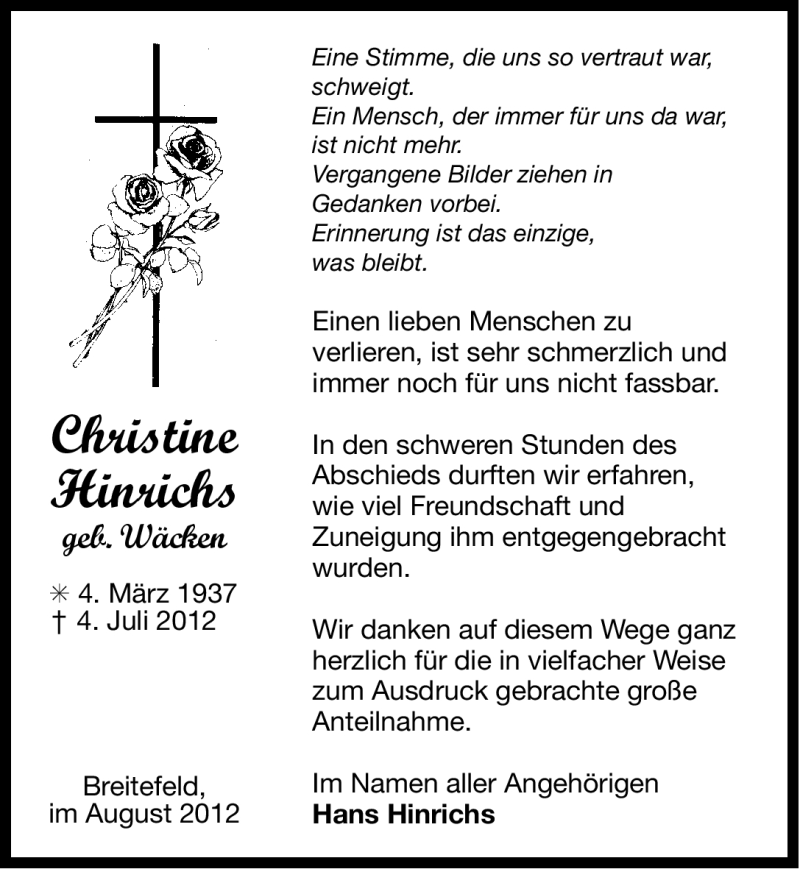  Traueranzeige für Christine Hinrichs vom 11.08.2012 aus Ostfriesischer Kurier