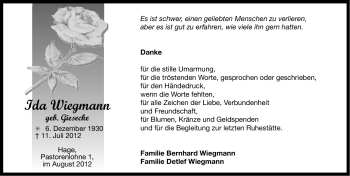 Traueranzeige von Ida Wiegmann von Ostfriesischer Kurier