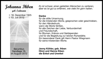 Traueranzeige von Johanna Ihben von Ostfriesischer Kurier