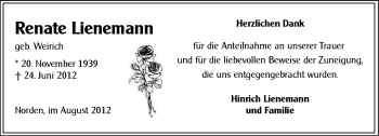 Traueranzeige von Renate Lienemann von Ostfriesischer Kurier