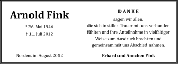 Traueranzeige von Arnold Fink von Ostfriesischer Kurier