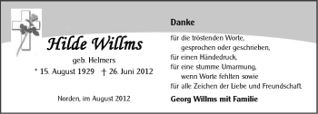 Traueranzeige von Hilde Willms von Ostfriesischer Kurier