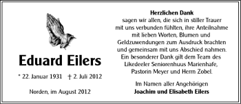 Traueranzeige von Eduard Eilers von Ostfriesischer Kurier