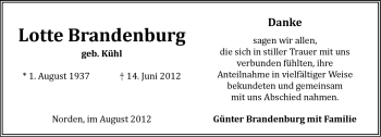 Traueranzeige von Lotte Brandenburg von Ostfriesischer Kurier