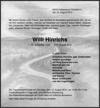 Traueranzeige von Willi Hinrichs von Ostfriesischer Kurier
