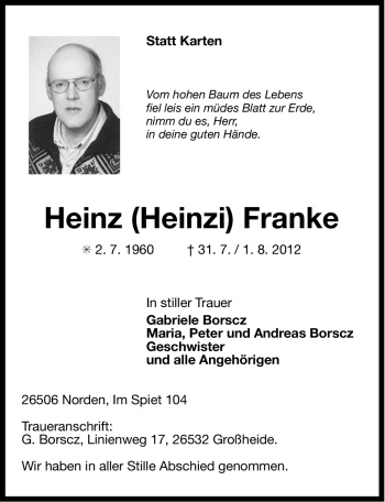 Traueranzeige von Heinz Franke von Ostfriesischer Kurier