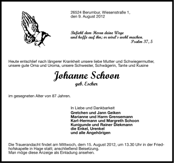Traueranzeige von Johanne Schoon von Ostfriesischer Kurier
