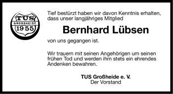 Traueranzeige von Bernhard Lübsen von Ostfriesischer Kurier
