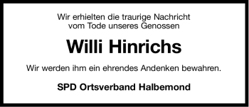Traueranzeige von Willi Hinrichs von Ostfriesischer Kurier