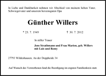 Traueranzeige von Günther Willers von Ostfriesischer Kurier