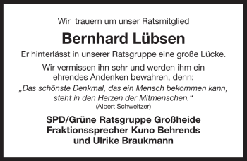 Traueranzeige von Bernhard Lübsen von Ostfriesischer Kurier