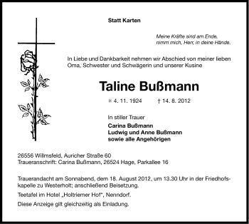 Traueranzeige von Taline Bußmann von Ostfriesischer Kurier