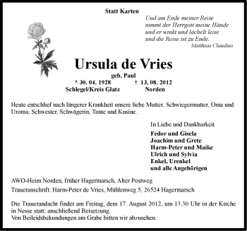 Traueranzeige von Ursula de Vries von Ostfriesischer Kurier