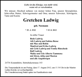 Traueranzeige von Gretchen Ladwig von Ostfriesischer Kurier
