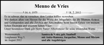 Traueranzeige von Menno de Vries von Ostfriesischer Kurier