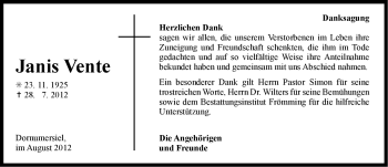 Traueranzeige von Janis Vente von Ostfriesischer Kurier