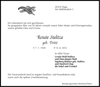 Traueranzeige von Renate Stalitza von Ostfriesischer Kurier