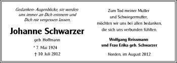 Traueranzeige von Johanne Schwarzer von Ostfriesischer Kurier