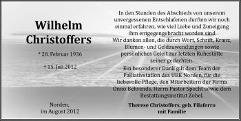 Traueranzeige von Wilhelm Christoffers von Ostfriesischer Kurier