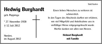 Traueranzeige von Hedwig Burghardt von Ostfriesischer Kurier