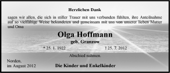 Traueranzeige von Olga Hoffmann von Ostfriesischer Kurier