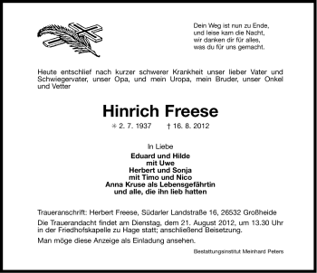 Traueranzeige von Hinrich Freese von Ostfriesischer Kurier