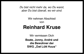 Traueranzeige von Reinhard Kruse von Ostfriesischer Kurier