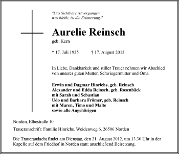 Traueranzeige von Aurelie Reinsch von Ostfriesischer Kurier