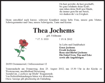 Traueranzeige von Thea Jochems von Ostfriesischer Kurier
