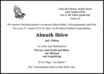 Traueranzeige von Almuth Ihlow von Ostfriesischer Kurier