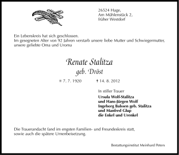 Traueranzeige von Renate Stalitza von Ostfriesischer Kurier