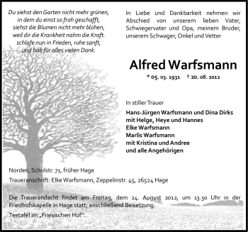 Traueranzeige von Alfred Warfsmann von Ostfriesischer Kurier
