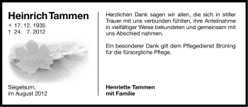 Traueranzeige von Heinrich Tammen von Ostfriesischer Kurier