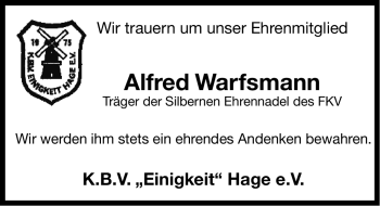 Traueranzeige von Alfred Warfsmann von Ostfriesischer Kurier