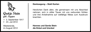 Traueranzeige von Gretje Stein von Ostfriesischer Kurier