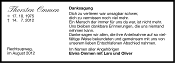 Traueranzeige von Thorsten Ommen von Ostfriesischer Kurier