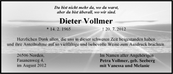 Traueranzeige von Dieter Vollmer von Ostfriesischer Kurier