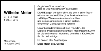 Traueranzeige von Wilhelm Meier von Ostfriesischer Kurier