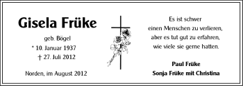 Traueranzeige von Gisela Früke von Ostfriesischer Kurier