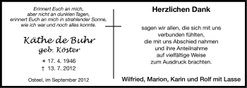 Traueranzeige von Käthe de Buhr von Ostfriesischer Kurier