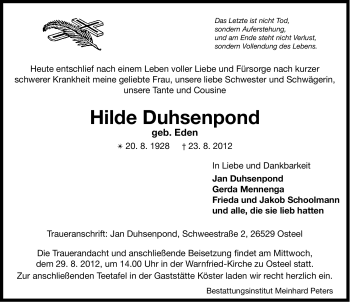 Traueranzeige von Hilde Duhsenpond von Ostfriesischer Kurier