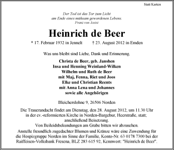 Traueranzeige von Heinrich de Beer von Ostfriesischer Kurier