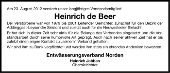 Traueranzeige von Heinrich de Beer von Ostfriesischer Kurier