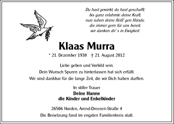 Traueranzeige von Klaas Murra von Ostfriesischer Kurier