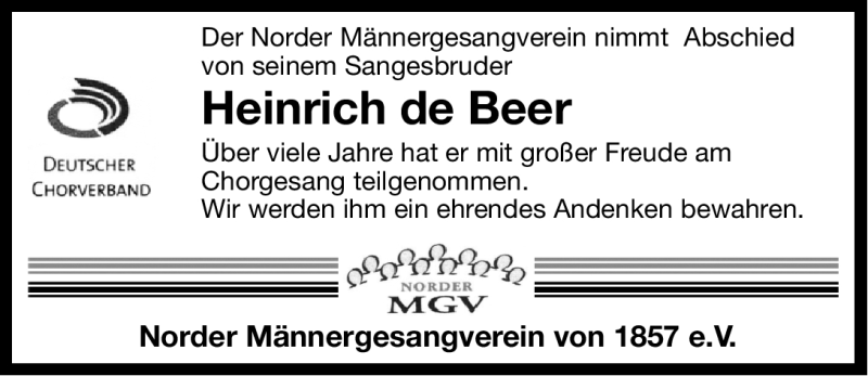  Traueranzeige für Heinrich de Beer vom 25.08.2012 aus Ostfriesischer Kurier