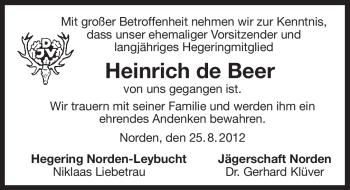 Traueranzeige von Heinrich de Beer von Ostfriesischer Kurier