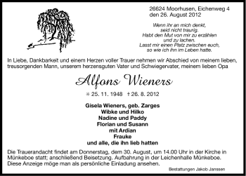 Traueranzeige von Alfons Wieners von Ostfriesischer Kurier