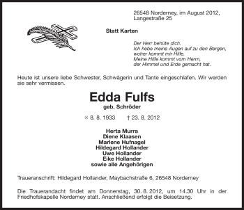 Traueranzeige von Edda Fulfs von Ostfriesischer Kurier