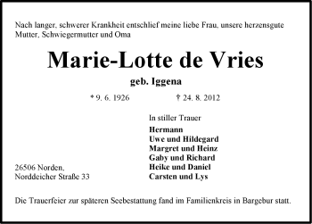 Traueranzeige von Marie-Lotte de Vries von Ostfriesischer Kurier