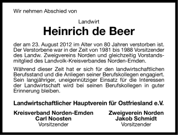 Traueranzeige von Heinrich de Beer von Ostfriesischer Kurier